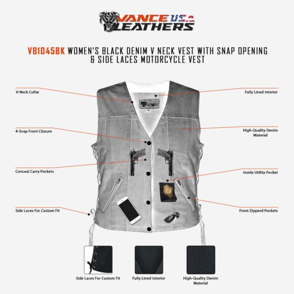 womens black denim v neck vest | snap opening | side laces