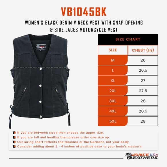 womens black denim v neck vest | snap opening | side laces