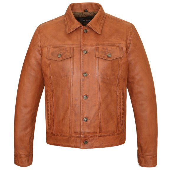 vance leathers' mens austin brown premium classic motorcycle trucker leather jacket