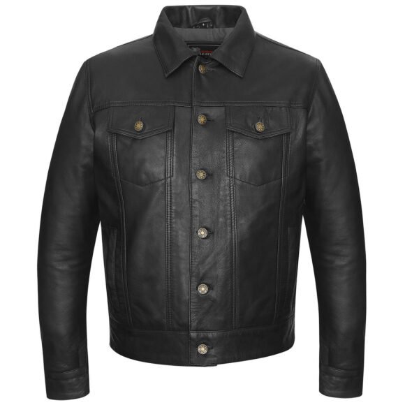 vance leathers' mens black premium classic motorcycle trucker leather jacket
