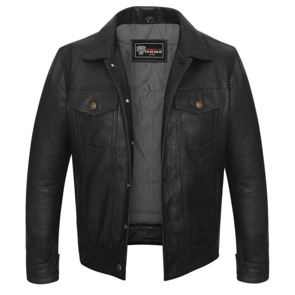 vance leathers' mens black premium classic motorcycle trucker leather jacket