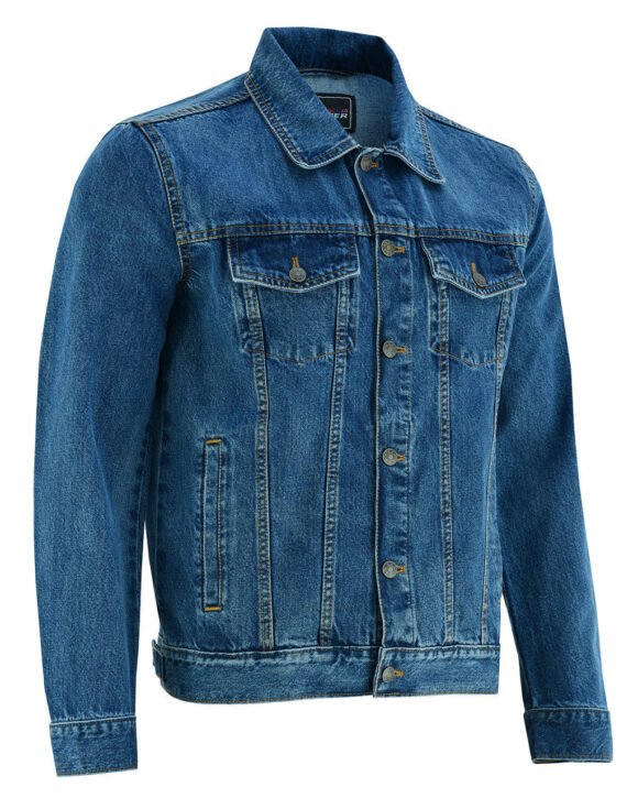 vance mens blue heavy duty denim button front motorcycle jacket, jean jacket for men