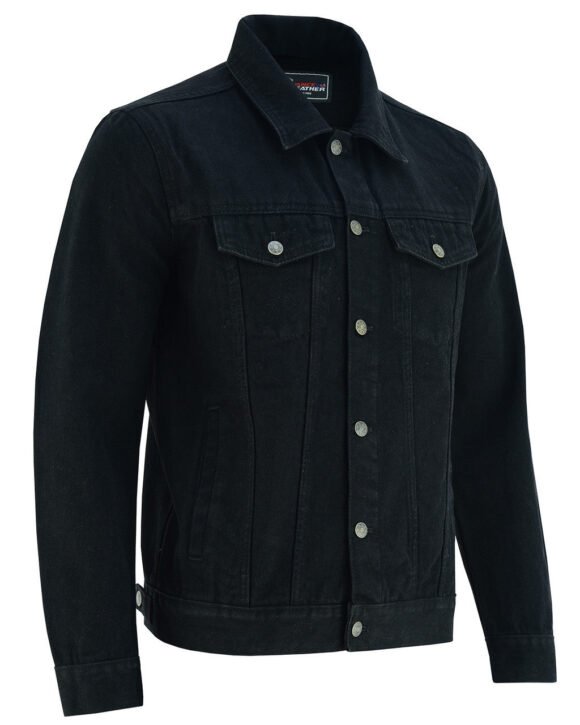 vance mens black heavy duty denim button front motorcycle jacket, jean jacket for men