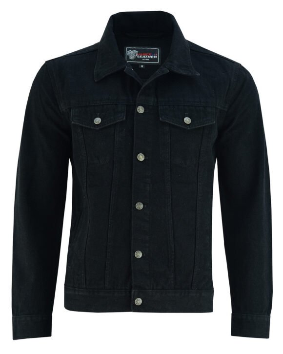 vance mens black heavy duty denim button front motorcycle jacket, jean jacket for men