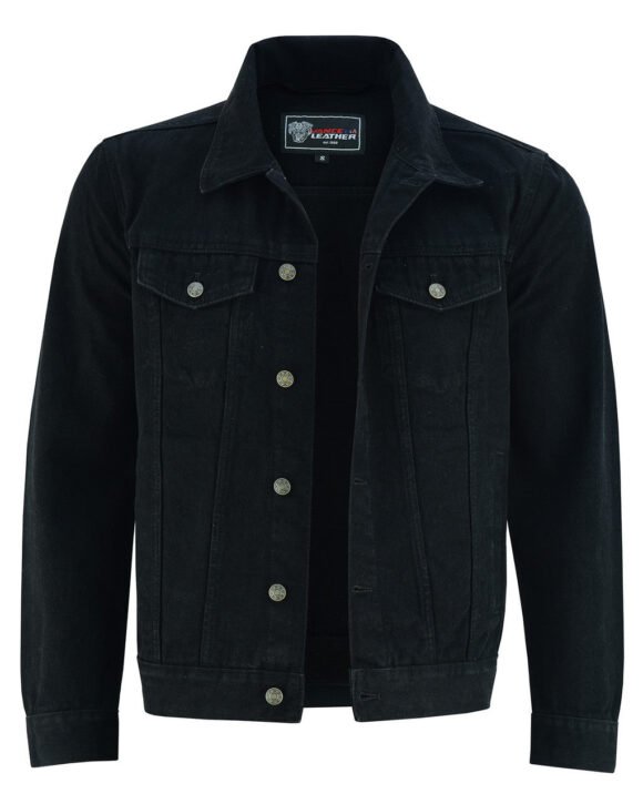 vance mens black heavy duty denim button front motorcycle jacket, jean jacket for men