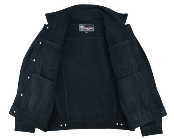 vance mens black heavy duty denim button front motorcycle jacket, jean jacket for men