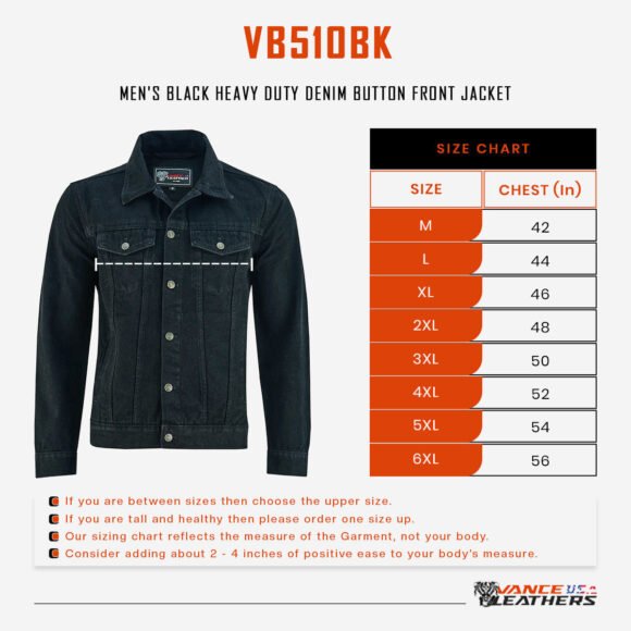 vance mens black heavy duty denim button front motorcycle jacket, jean jacket for men