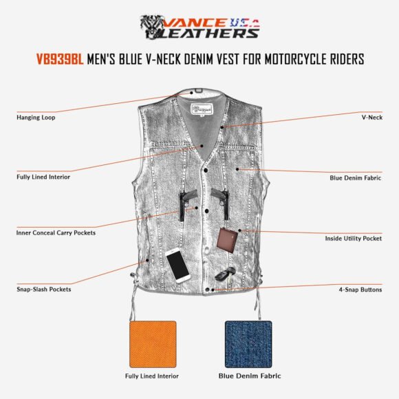 vance mens blue v neck denim mc biker vest