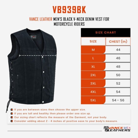 vance mens black v neck denim vest for bikers