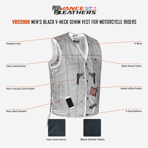 vance mens black v neck denim vest for bikers