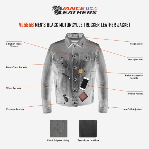 vance leathers' mens black premium classic motorcycle trucker leather jacket