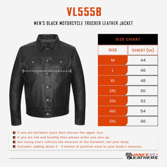 vance leathers' mens black premium classic motorcycle trucker leather jacket