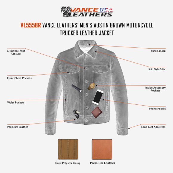 vance leathers' mens austin brown premium classic motorcycle trucker leather jacket