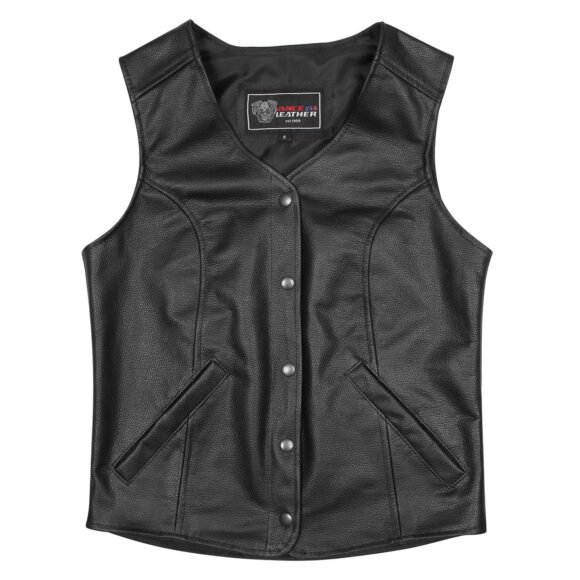 womens black leather lady vest | five snap
