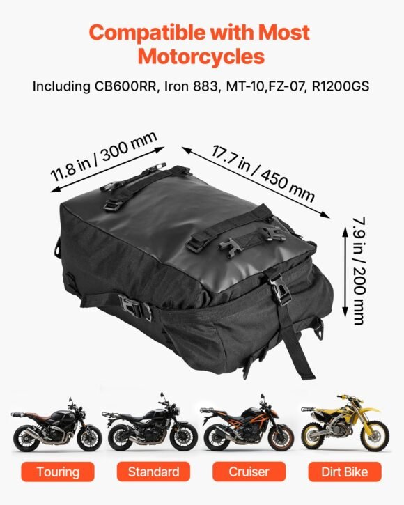 vevor 30l waterproof motorcycle tail bag with rain cover and shoulder straps