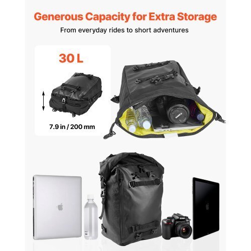 vevor 30l waterproof motorcycle tail bag with rain cover and shoulder straps