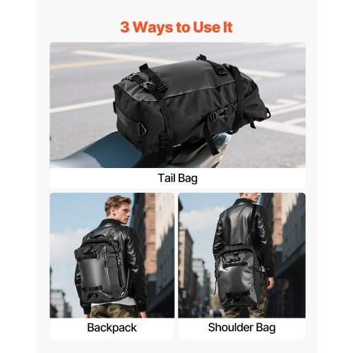 vevor 30l waterproof motorcycle tail bag with rain cover and shoulder straps