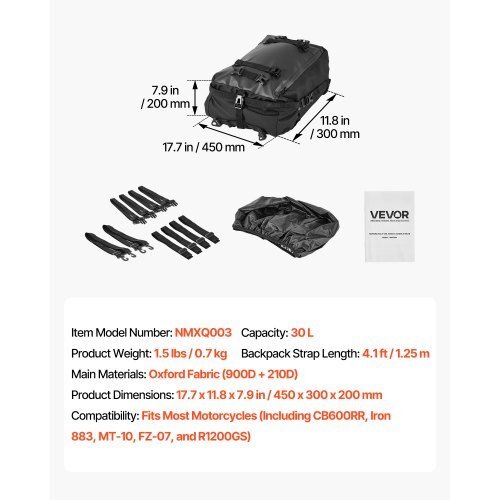 vevor 30l waterproof motorcycle tail bag with rain cover and shoulder straps