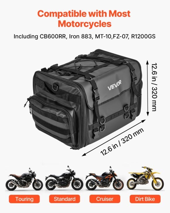vevor 40 60l expandable waterproof motorcycle tail bag with rain cover