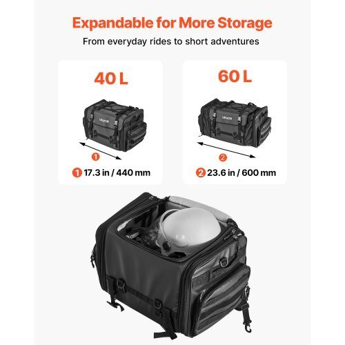 vevor 40 60l expandable waterproof motorcycle tail bag with rain cover