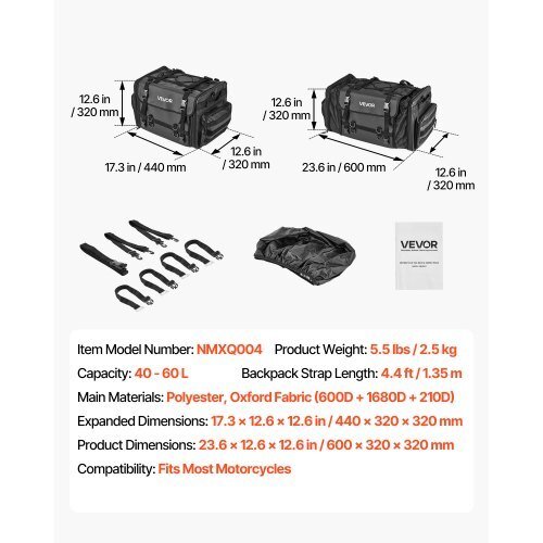 vevor 40 60l expandable waterproof motorcycle tail bag with rain cover