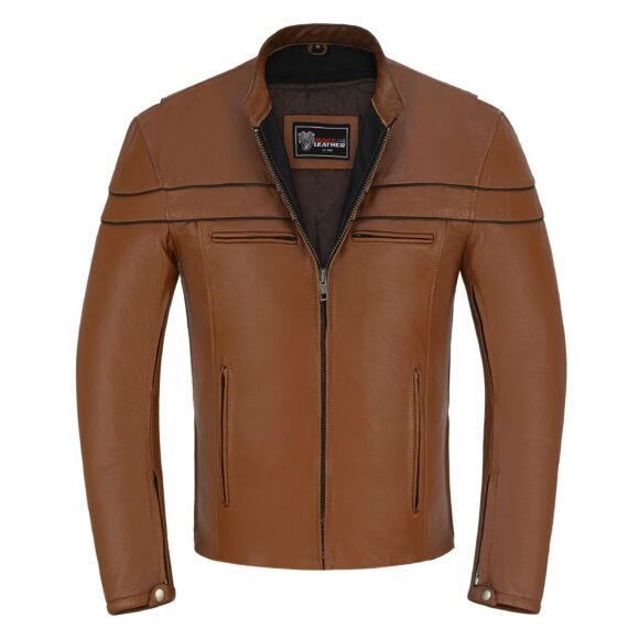 men's cognac brown premium cowhide cafe racer leather motorcycle jacket with zipper vents