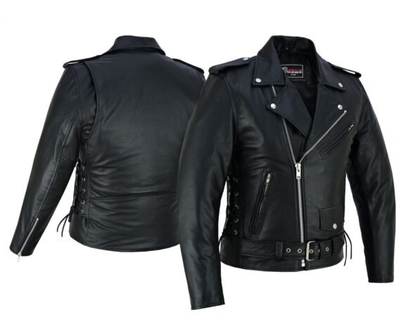 men's black leather motorcycle jacket with ce armor, classic biker style w/ side lace & belted waist