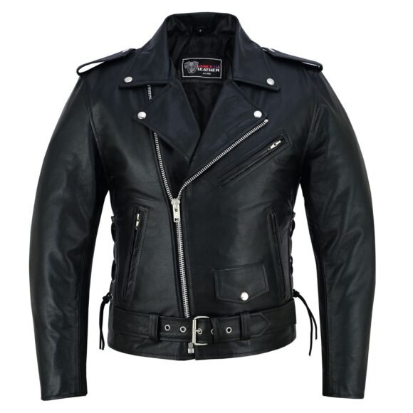men's black leather motorcycle jacket with ce armor, classic biker style w/ side lace & belted waist