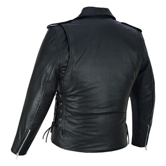 men's black leather motorcycle jacket with ce armor, classic biker style w/ side lace & belted waist