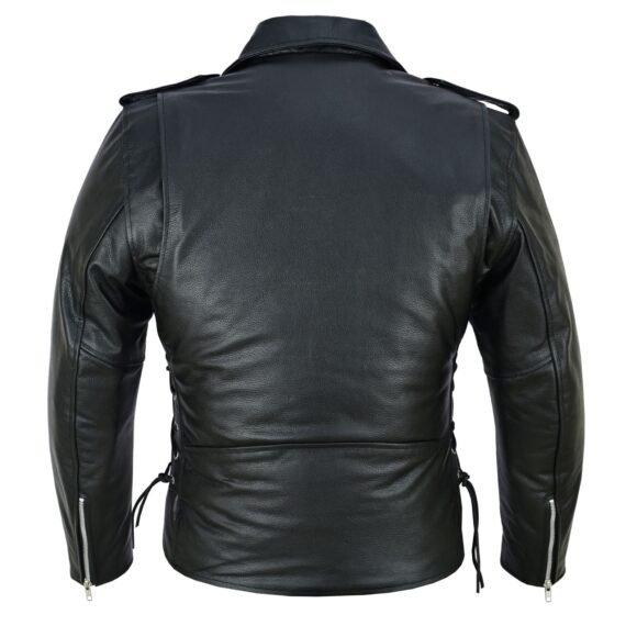 men's black leather motorcycle jacket with ce armor, classic biker style w/ side lace & belted waist