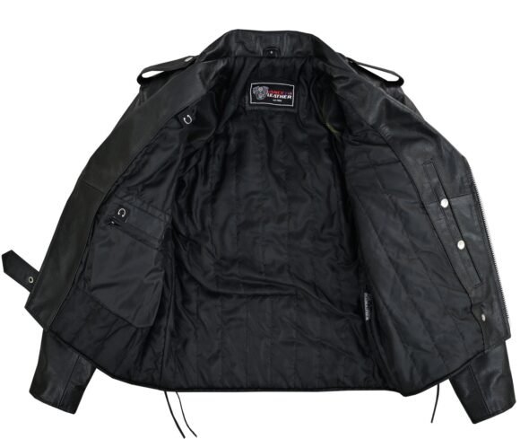 men's black leather motorcycle jacket with ce armor, classic biker style w/ side lace & belted waist
