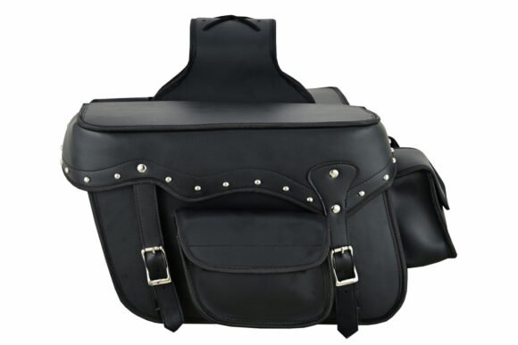 vance studded motorcycle saddlebags durable pvc water resistant, universal fit for honda, yamaha, kawasaki, indian, harley
