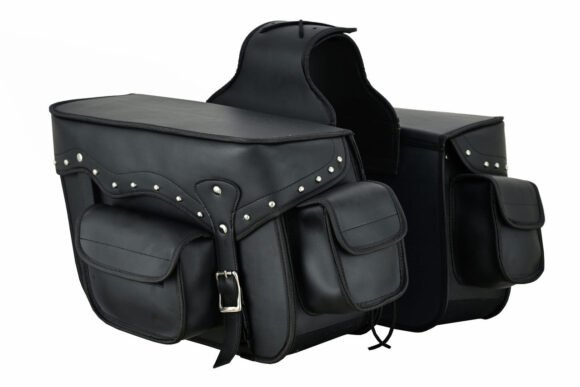 vance studded motorcycle saddlebags durable pvc water resistant, universal fit for honda, yamaha, kawasaki, indian, harley