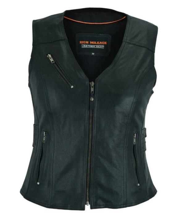 high mileage womens black leather vest | buckles