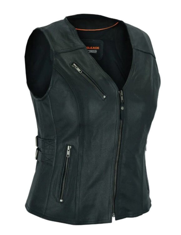 high mileage womens black leather vest | buckles