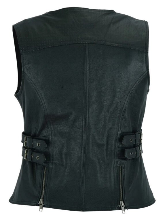 high mileage womens black leather vest | buckles