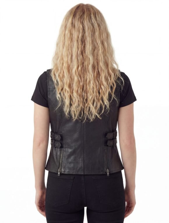 high mileage womens black leather vest | buckles