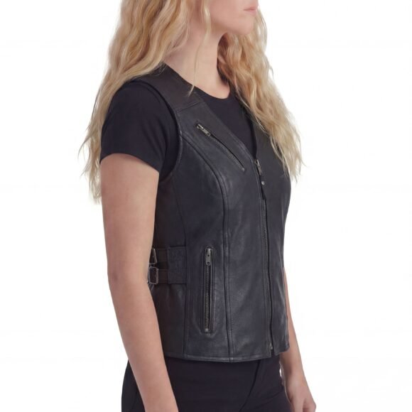 high mileage womens black leather vest | buckles