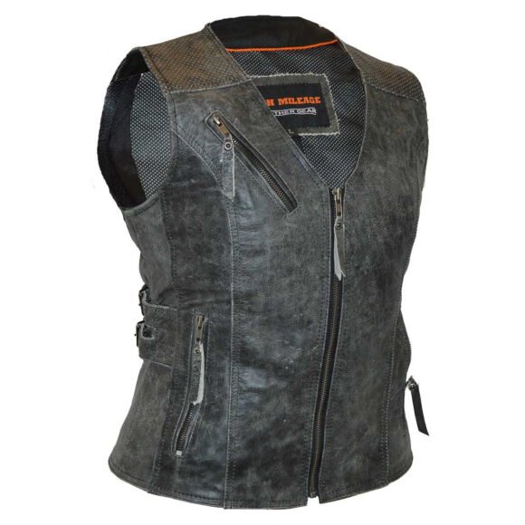 high mileage womens distressed gray cowhide leather vest | buckles