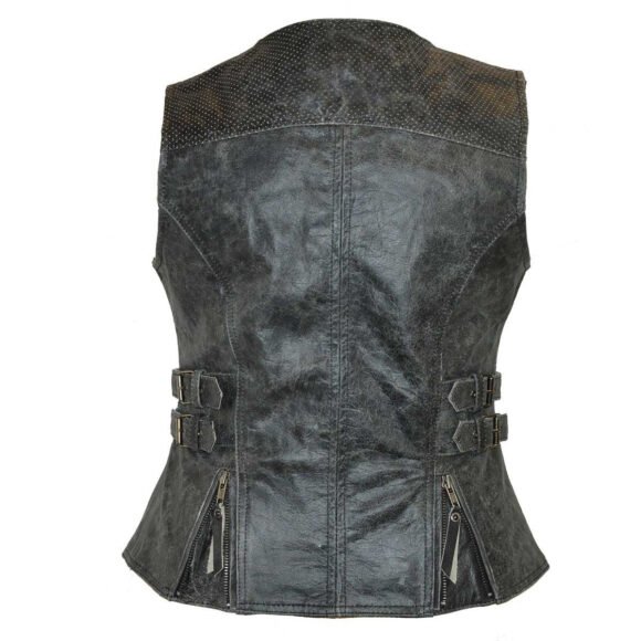 high mileage womens distressed gray cowhide leather vest | buckles