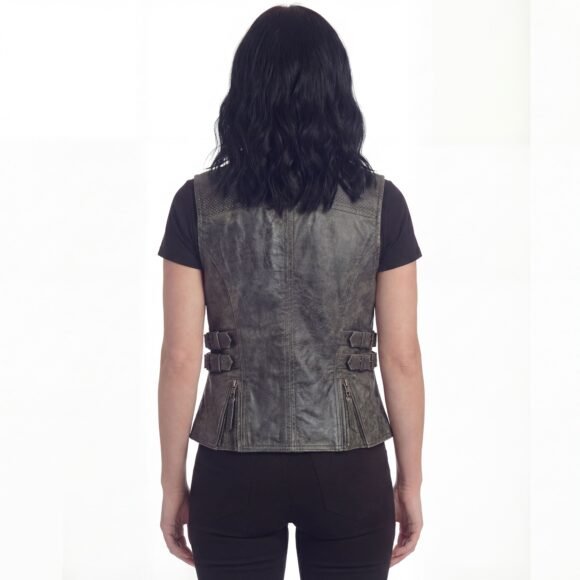 high mileage womens distressed gray cowhide leather vest | buckles