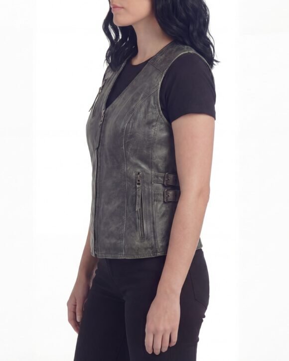 high mileage womens distressed gray cowhide leather vest | buckles