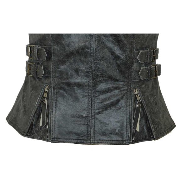 high mileage womens distressed gray cowhide leather vest | buckles