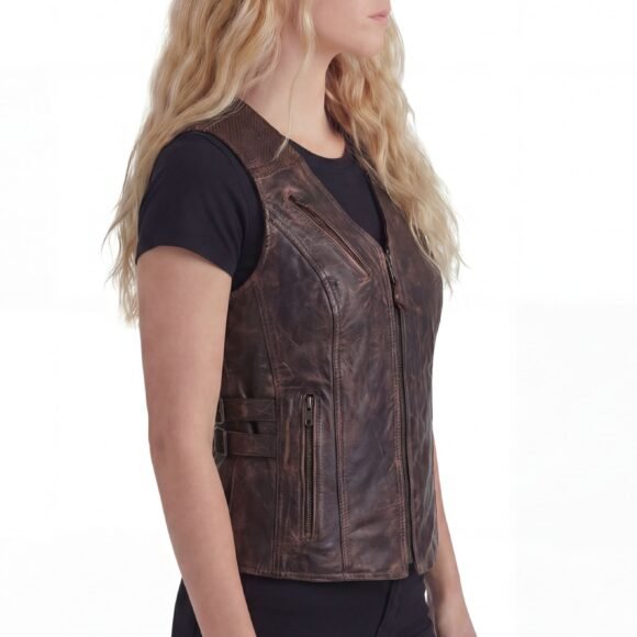 high mileage womens vintage brown cowhide vest | buckles