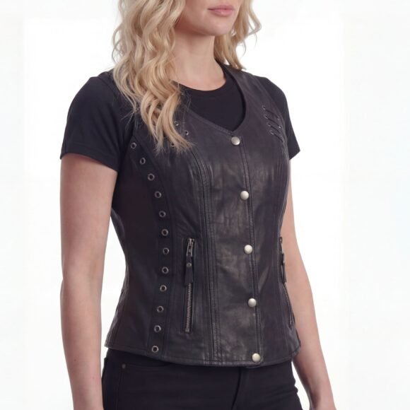 high mileage womens black soft goatskin vest | twill lace | grommet highlights