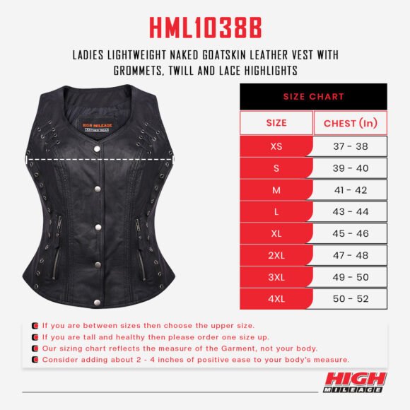 high mileage womens black soft goatskin vest | twill lace | grommet highlights