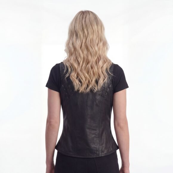 high mileage womens black soft goatskin vest | twill lace | grommet highlights
