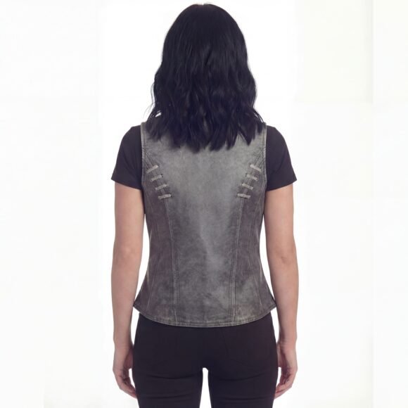 high mileage womens distressed gray soft goatskin vest | twill lace | grommets