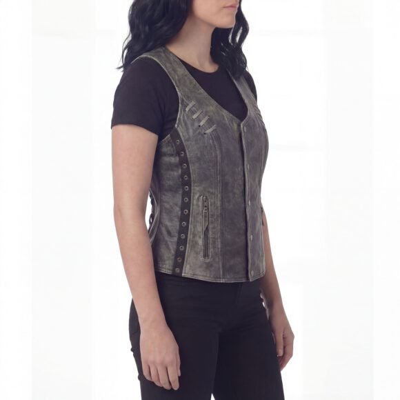 high mileage womens distressed gray soft goatskin vest | twill lace | grommets