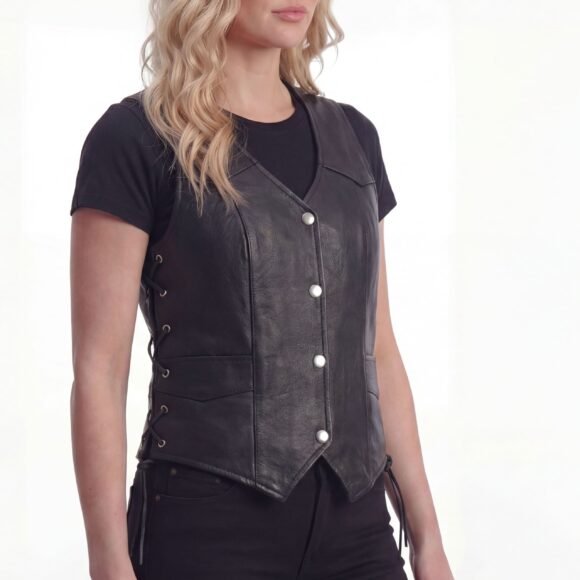 high mileage womens black cowhide vest | side lace